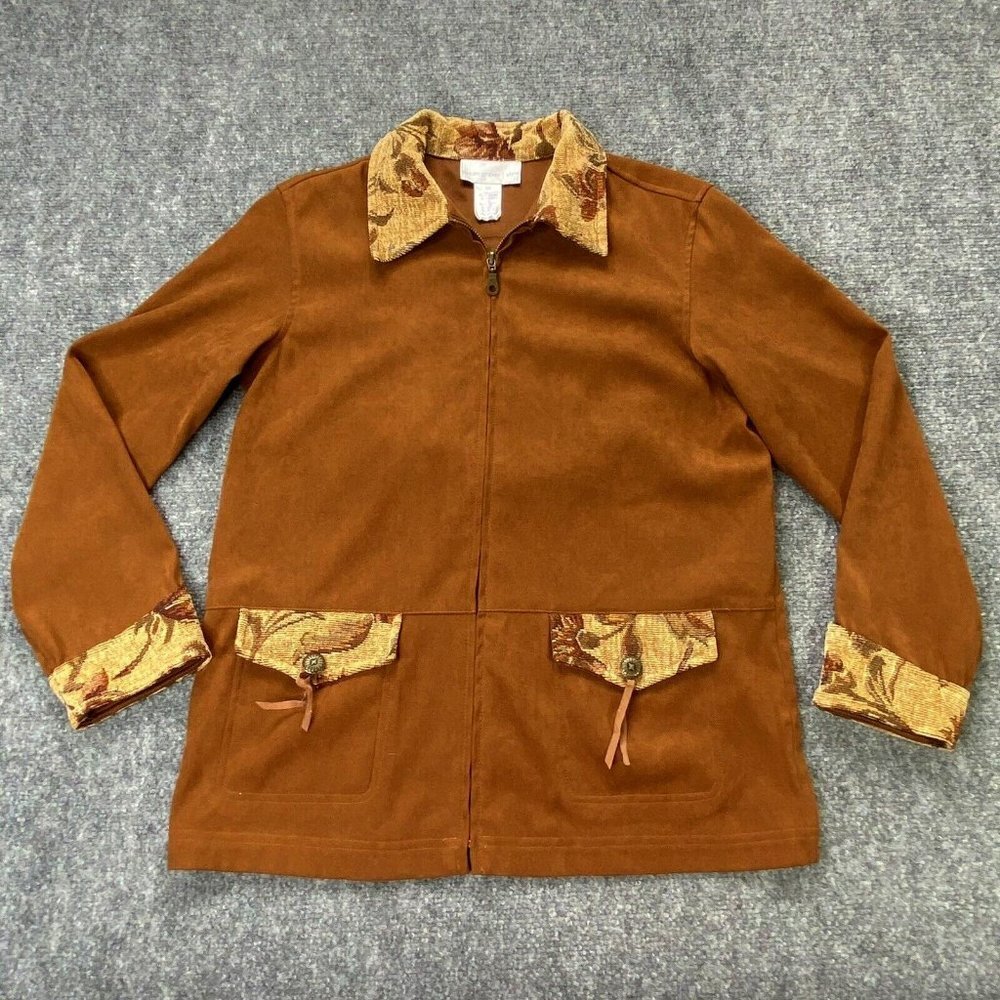 VTG Y2K Susan Graver Style Jacket Womens XS Brown Tapestry Trim Boho Western 90s